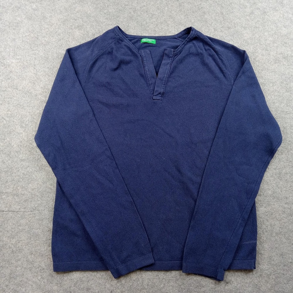 Benetton Shirt Mens Small Blue Long Sleeve Henley Cotton Knit Casual Solid